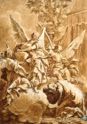 Abraham och de tre änglarna, ca 1750 (penna och brunt bläck över svart krita med röd tvätt)