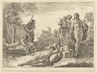 Nio figurer runt en Herm of Pan