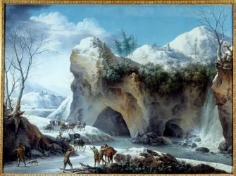 Snow Landscape Lookers hugger trä, en flit är på väg att gå in i en tunnel. Målning av Francesco Foschi (aktiv mellan 1750 och 1805) 1700-tal sön. 1,02x1,36 m Grenoble, Musee des Beaux Arts