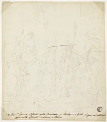 Tillbedjan av Kristusbarnet, med de heliga Josef, Franciskus av Assisi och Augustinus, i närvaro av Anton Galeazzo Bentivoglio och Alessandro Bentivoglio