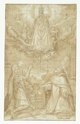 En krönt Madonna och Barn, draperad med en mantel och tunga kedjor, visar sig i molnen, omgiven av änglar och keruber, för två knäböjande helgon; den ene en soldat som är martyrdöd, den andre en präst (Hyacintus?). En ängel räcker ett bälte eller en rulla