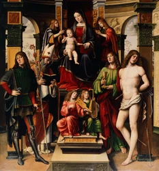 Madonna med barn, änglar och helgon, av Francesco Francia (1450-1517), kyrkan San Giacomo Maggiore, Bologna, Italien
