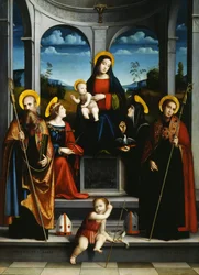 Jungfru och barn med de heliga Benedictus, Justina, Placidus och Scholastica, ca 1515