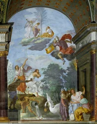 Allegori om Lawrence de Medici il Magnificents (1449-1492) död. Till höger, representation av ödets gudar, skåpen (eller parkerna): Clotho, Lachesis och Atropos. Fresk av Francesco Furini (160).