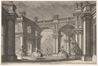 Två damer och två herrar som dansar i en utsmyckad arkitektonisk miljö, en fontän vid..., 1765.