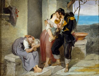 Soldatens avgång Från en familj lämnar soldaten sin fru och sitt barn i tårar för att gå ut i krig. Målning av Francesco Gandolfi (1824-1873) Dim. 27x38 cm Genes Nervi, Civica Galleria d