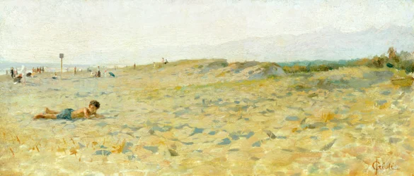 Strand i Cinquale av Francesco Gioli (1846-1922), olja på panel