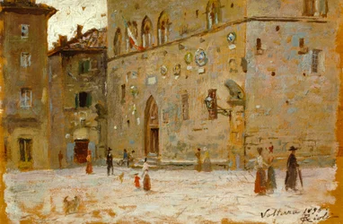 På torg i Volterra av Francesco Gioli (1846-1922), olja på panel