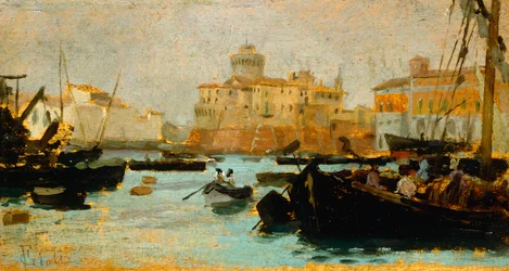 Port in Livorno av Francesco Gioli (1846-1922), olja på panel, 9x17 cm