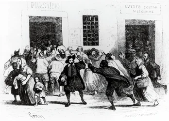 Plundringen av Bageri med kryckor, avsnitt från Trolovad, av Alessandro Manzoni (1785-1873), illustration av Francesco Gonin (1808-1889) 1840-upplagan