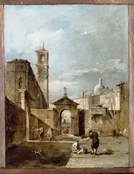En Capriccio av en venetiansk Campo med en kyrka bortom