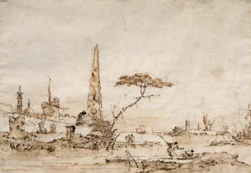 Capriccio bredvid en venetiansk lagun med en obelisk och lejon utanför murarna i en befäst stad (penna och bläck)