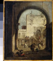 "Venetian Capriccio: utsikt över ett torg och ett palats" (Venetian Capriccio: utsikt över ett torg och ett palats) Målning av Francesco Guardi (1712-1793) 1775-1780 Sön. 27x23 cm Eremitagemuseet, Sankt Petersburg