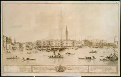 Panorama över Venedig från Bacino di San Marco, inklusive projektet för det föreslagna Teatro Manin