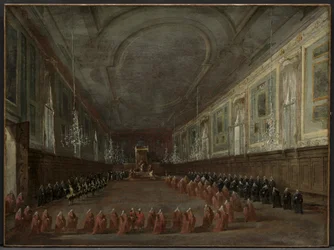 Påven Pius VI stiger ned på tronen för att ta avsked från dogen i salen..., ca. 1783.