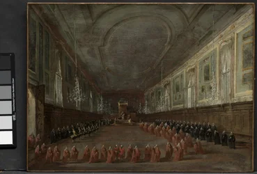 Påven Pius VI stiger ner på tronen för att ta avsked av dogen i SS Hall. Giovanni e Paolo, 1782 och påvlig ceremoni i SS. Giovanni e Paolo, Venedig, 1782, ca. 1783