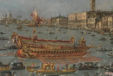 Bucintoro-festivalen i Venedig. Bacino di S. Marco med Bucintoro, Doges State Barge, på Kristi himmelsfärdsdag (detalj), 1780-93