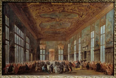 Dogen av Venedig Alvise IV Mocinego (1701-1778) erbjuder frukost till ambassadörer Målning av Francesco Guardi (1712-1793) 1700-talets sön. 0,67x1,01 m Nantes, Museum of Fine Arts