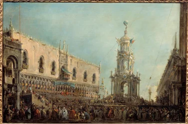 Dogen av Venedig deltar i firandet av Gras torsdag på Piazzetta di San Marco Doge Alvise IV Mocenigo (1701-1778) deltar i akrobatiska föreställningar från Dogepalatsets balkong. Målning av Francesco Guardi (1712-1793) 1766-1770 sön. 0,67x1 m