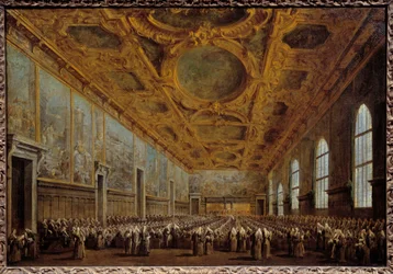 Dogen av Venedig tackar Major Council. Scenen utspelar sig vid Dogepalatset på San Marco Square i Venedig. Målning av Francesco Guardi
