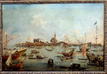 Dogen på Bucentaurus (Bucentoro) i San Nicolo i Venedig på Kristi himmelsfärdsdag Detta är förmodligen Doge Alvise IV Mocenigo (1763-1778). Målning av Francesco Guardi (1712-1793) 1775-1780 sön. 0,67x1m
