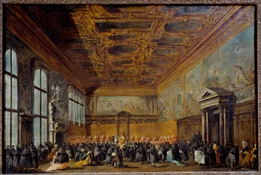 Publiken beviljad av dogen av Venedig (troligen Alvise IV Mocinego (1701-1778)) i College Hall på Ducal Palace of Venice Målning av Francesco Guardi (1712-1793) 1766-1770 Sön. 0,67 x 1,01 m