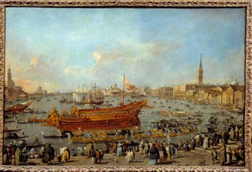 Bucentaurens (Bucentoro) avgång mot Venedigs Lido på Kristi himmelsfärdsmålning av Francesco Guardi (1712-1793) 1766-1770 Sön. 0,66x1,01 m - Bucentaurens (Bucentoro) avgång till Venedigs Lido för Kristi himmelsfärdsceremonin. Pai