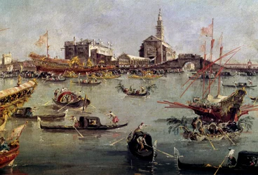 Dogen på Bucentaurus (Bucentoro) i San Nicolo från Lido till Venedig, Kristi himmelsfärdsmålning av Francesco Guardi (1712-1793) 1700-talets Paris, Louvren.