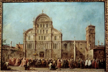 Dogen av Venedigs procession till kyrkan San Zaccaria på påskdagen (1763). Målning av Francesco Guardi (1712-1793), cirka 1766-1770. Olja på duk. Mått: 0,67 x 1,01 m. - Processionen av dogen av Venedig vid kyrkan San Zaccaria, på E