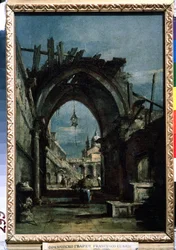 ""Utsikt över Venedig"" Ruin i förgrunden. Målning av Francesco Guardi (1712-1793) circa 1770 Pushkin Museum