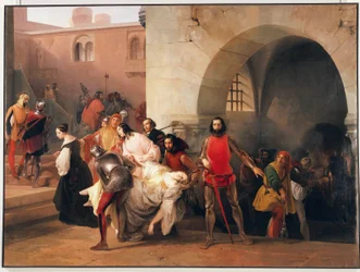 Bice hittad av Marco Visconti i källaren på hans slott i Rosate, tema från romanen Marco Visconti av Tommaso Grossi, illustration av Francesco Hayez
