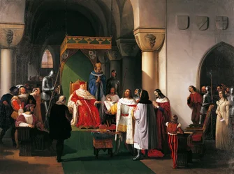 Filippo Maria Visconti, hertig av Milano, återlämnar kronan till kungarna av Aragonien och Navarra, som tagits till fånga av genuesarna, av Francesco Hayez (1791-1882)