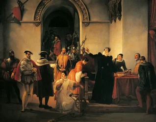 Mary Malkia wa Scots akipinga kutokuwa na hatia kwake mbele ya masheha wakati hukumu yake ya kifo inasomwa, na Francesco Hayez (1791-1882)swed