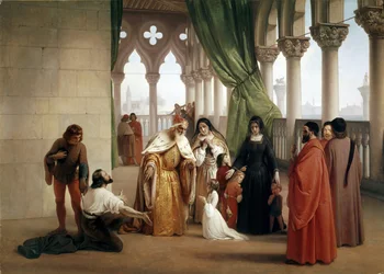 The Two Foscari: Francesco Foscari, doge av Venedig som förvisar sin son Jacopo anklagad för förrädisk korrespondens medan han var i exil (olja på duk, cirka 1852)