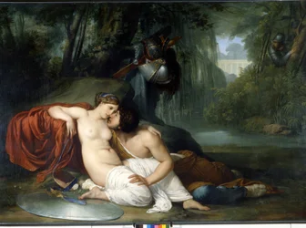 Kärleken till Renaud och Armide Illustration av en scen av "La Jerusalem delivree" (La gerusalemme liberata) av Torquato Tasso (känd som Muggen). Den förtrollande Armide omgiven av mycket symboliska Amours seduit med hjälp av sin magiska spegel riddaren Re