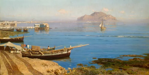 Marina med båt och fiskare, av Francesco Lojacono (1838-1915), olja på duk, 61x118 cm