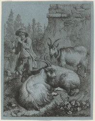 Goatherd Piping till fyra getter.