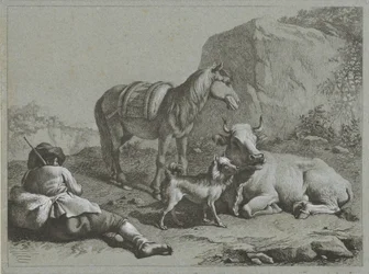 Liggande herde med häst, ko och hund Shepherd Scenes (serietitel)