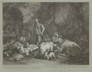 Gammal, skallig herde, sittande herdepojke och flock
