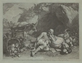 Gammal man lutad mot en säck, troligen efter 1767.