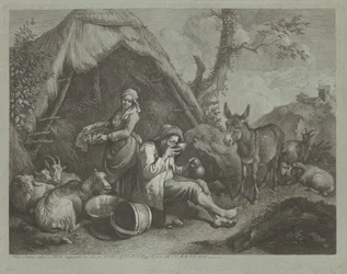 Sittande gammal man och kvinna med en korg med ägg, 17591782.
