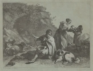 Sittande herdepojke och kvinna som ger en drink till ett barn, 17591782.