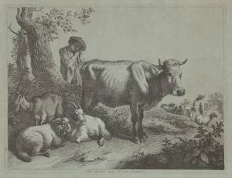 Stående ko och en herdepojke med flock, 1760-talet.
