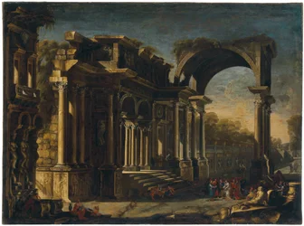Capriccio med romerska ruiner och Kristus med kvinnan tagen i äktenskapsbrott
