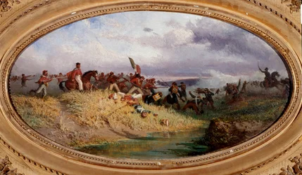 Risorgimento: "Den italienske patrioten Giuseppe Garibaldi korsar floden Volturno". Scen från slaget vid Volturno under De tusens expedition (eller Rödskjortorna) i oktober 1860. (1830-1905). Neapel, Museo Nazionale