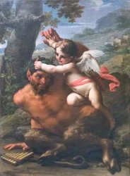 Kampen mellan Cupid och Pan (olja på duk)