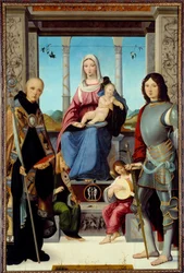Jungfrun och barnet omgiven av Saint Benedict of Nursie och Saint Quentin med två änglar Målning av Francesco Marmitta (känd mellan 1496 och 1504) 1400-talets sol. 2,2x1,38 m