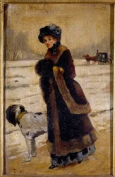 Ung kvinna med en hund Ung borgare som bär en päls och en ärm. Målning av Francisco Miralles Galup (1848-1901) Privat samling från 1800-talet