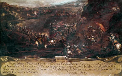 War of Candia (Kreta):: "" strid mellan den venetianska flottan av Francesco Morosini (1619-1694) och den turkiska flottan 1659" (Kretensiska kriget (1645-69): striden mellan den venetianska och turkiska flottan 1659) Målning av Francesco Monti dit il Bres