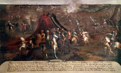 War of Candia (Kreta): "" strid mellan den venetianska flottan av Francesco Morosini (1619-1694) och den turkiska flottan som flyr 1650"" (Kretensiska kriget (1645-69): striden mellan den venetianska och turkiska flottan 1650) Målning av Francesco Monti di